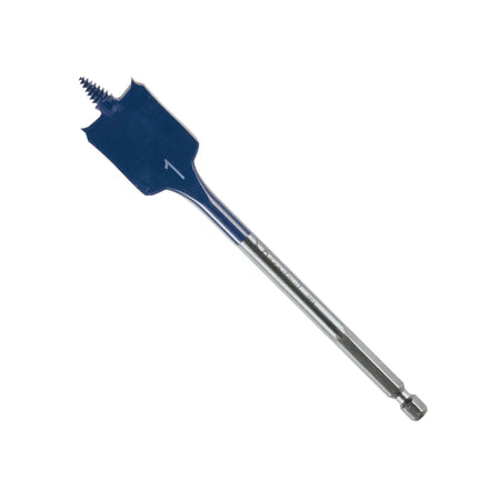 Bosch DSB1006 9/16" by 6" DareDevil Standard Spade Bit. 
This is an eye-level, diagonal shot of a blue and silver spade drill bit. The top of the bit features a pointed, threaded screw tip and two flat, wing-like cutting edges, while the long, slender shaft is predominantly silver with a hexagonal base.