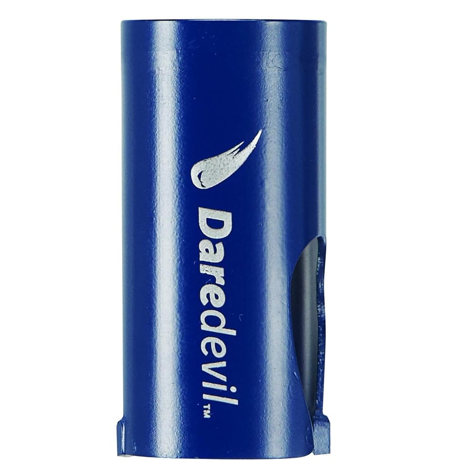 Studio view of the blue Bosch Daredevil 1-3/8 inch carbide hole saw featuring the white Bosch and Daredevil logos and side ejection slots.