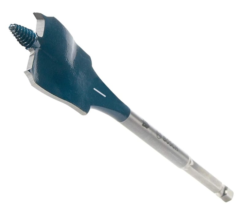 Angled close-up view of the spade bit tip showing the threaded cone pilot and spur cutters designed for fast and clean hole boring.