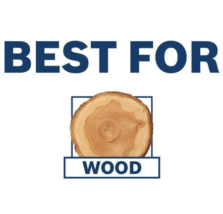 Graphic titled Best For Wood displaying a cross-section of a log to indicate the bit is optimized for drilling in lumber and wood materials.