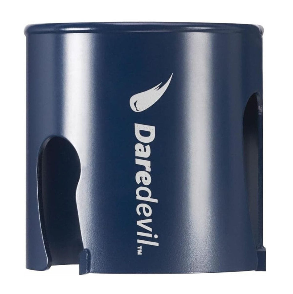Studio view of the blue Bosch Daredevil hole saw cup displaying the Daredevil logo and deep side slots for plug removal.