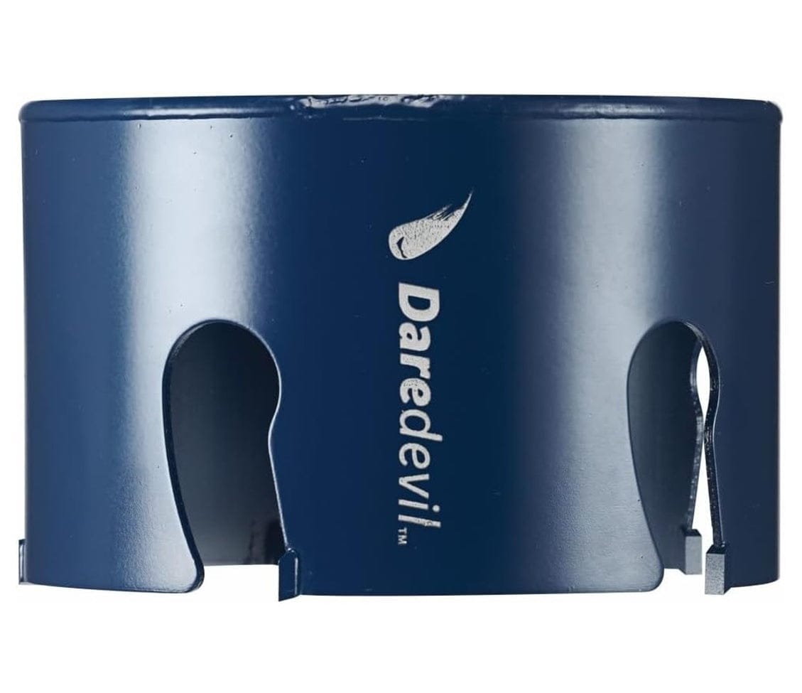 Studio view of the blue Bosch Daredevil 4-1/8 inch carbide hole saw featuring deep side slots and the Daredevil logo.