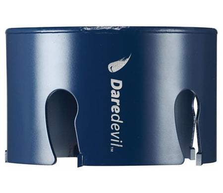 Studio view of the blue Bosch Daredevil 4-1/8 inch carbide hole saw featuring deep side slots and the Daredevil logo.