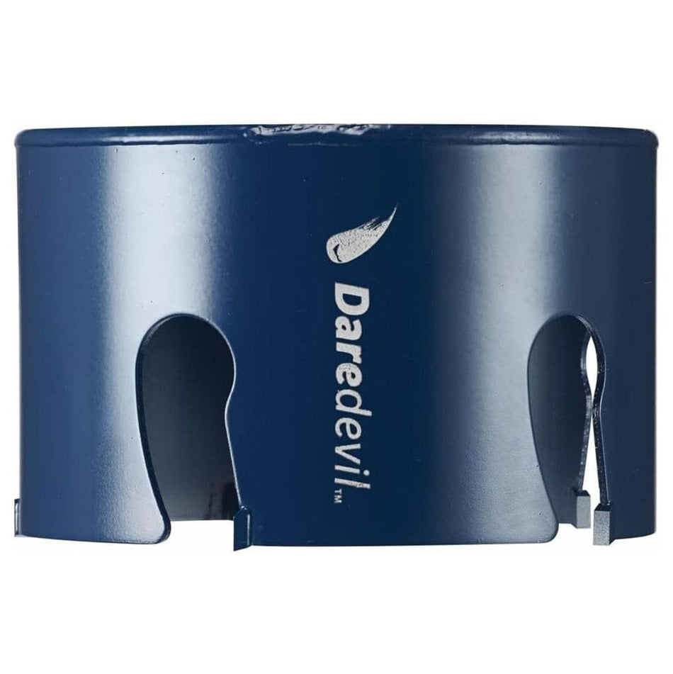 Studio view of the blue Bosch Daredevil 4-1/8 inch carbide hole saw featuring deep side slots and the Daredevil logo.