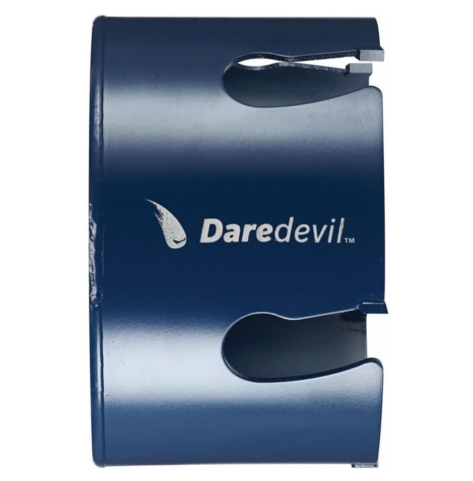 Side profile of the blue hole saw highlighting the deep cup design for single-pass cutting and the white Daredevil branding.