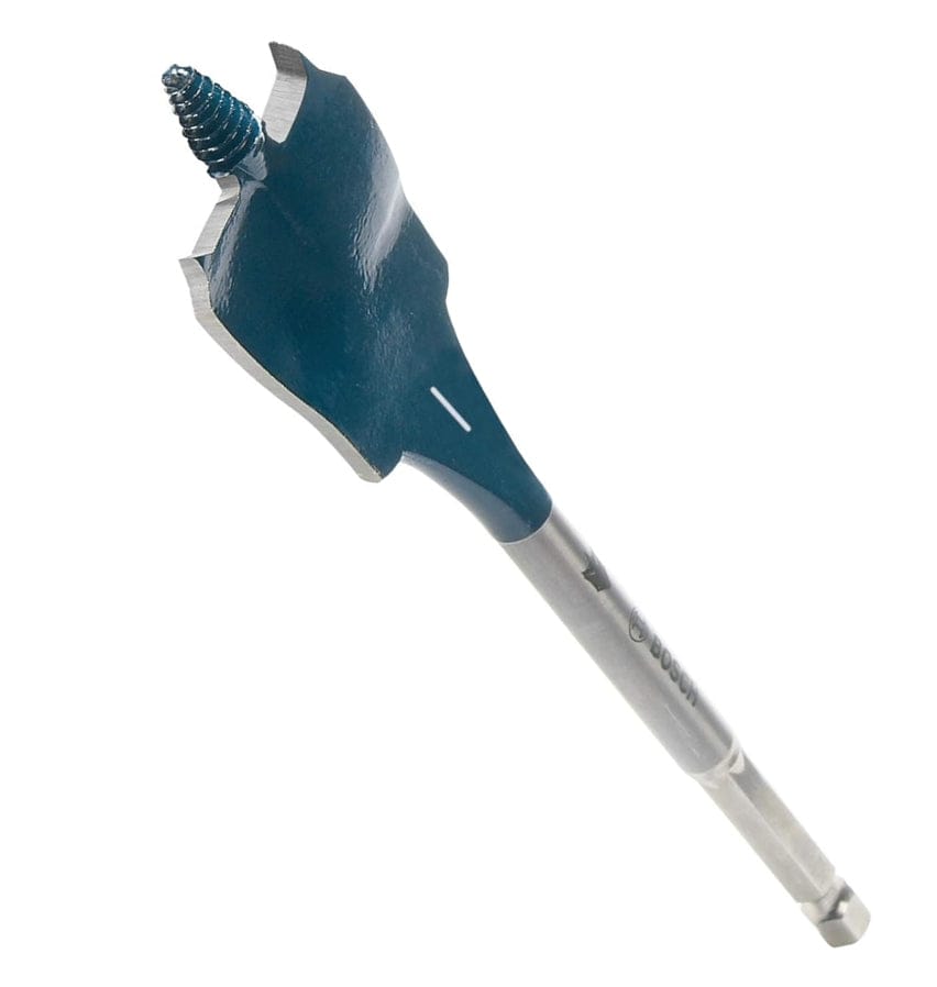 Angled close-up view of the spade bit tip highlighting the threaded cone and spur scoring cutters on the blue paddle.