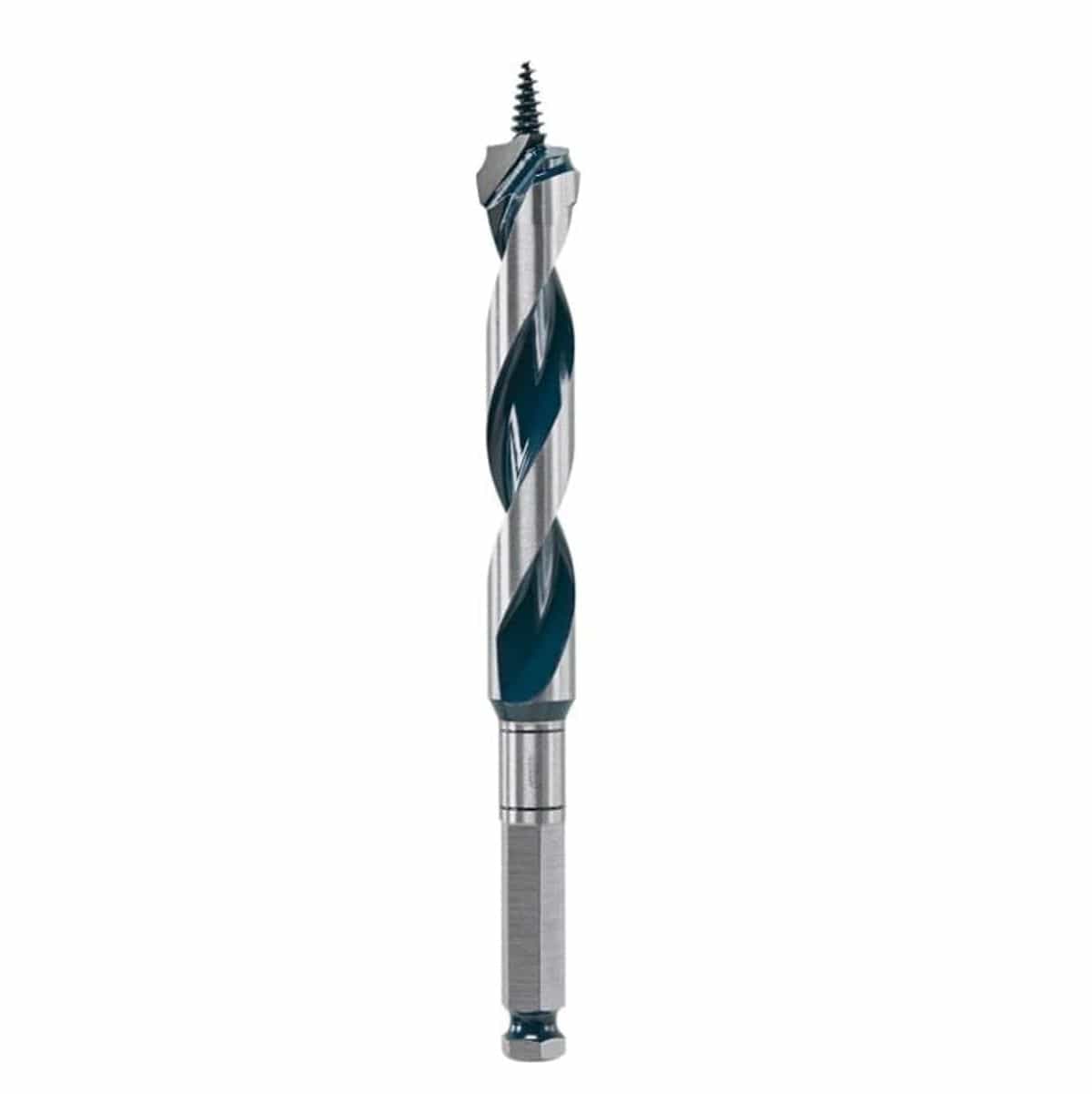 Bosch Daredevil™ Auger Bits. 
The image shows a Bosch Daredevil auger bit, which is predominantly silver with a dark teal color accenting the spiral flutes of the bit. It features a sharp, threaded tip for self-feeding into wood and a hexagonal shank at its base for secure insertion into a drill.