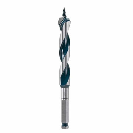 Bosch Daredevil™ Auger Bits. 
The image shows a Bosch Daredevil auger bit, which is predominantly silver with a dark teal color accenting the spiral flutes of the bit. It features a sharp, threaded tip for self-feeding into wood and a hexagonal shank at its base for secure insertion into a drill.