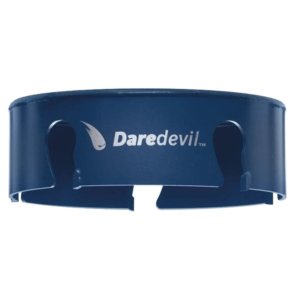 Studio view of the blue recessed lighting hole saw featuring deep gullets, Daredevil branding, and a closed back design.