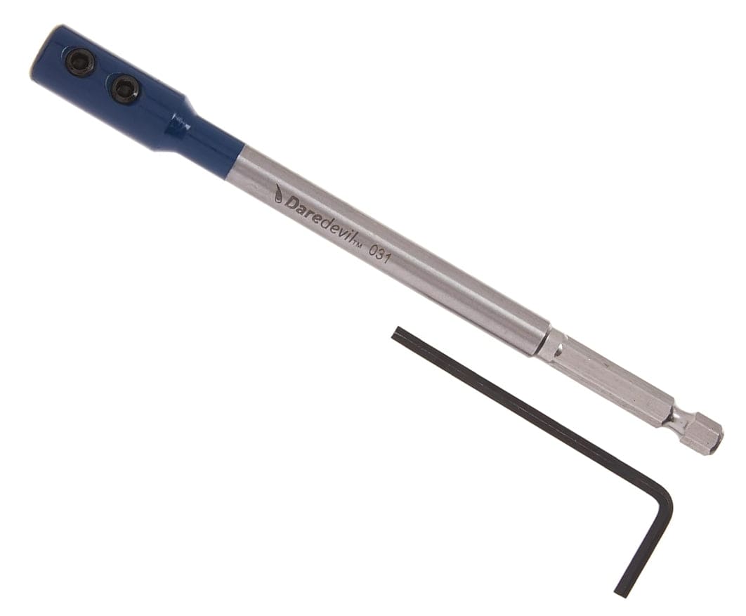 Studio view of the 6 inch spade bit extension featuring a blue collar with set screws and the included hex key.