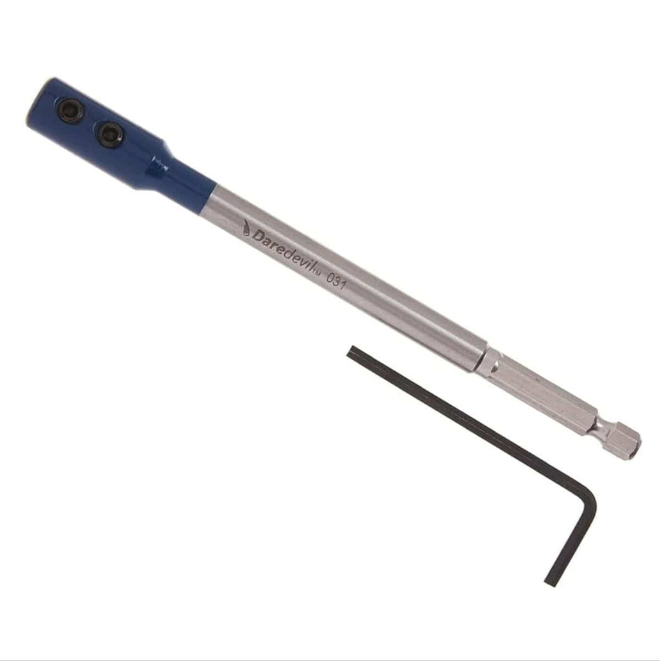 Studio view of the 6 inch spade bit extension featuring a blue collar with set screws and the included hex key.