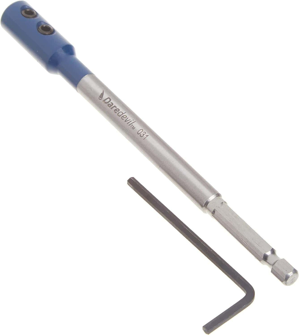 Angled view of the extension shaft showing the Daredevil branding and the L-shaped hex key.