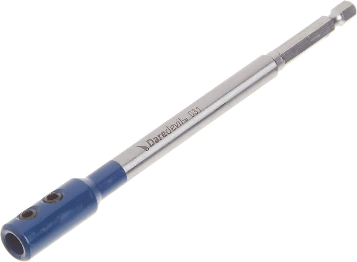 Close-up angled view of the extension highlighting the 1/4 inch hex shank and the blue bit receiver.