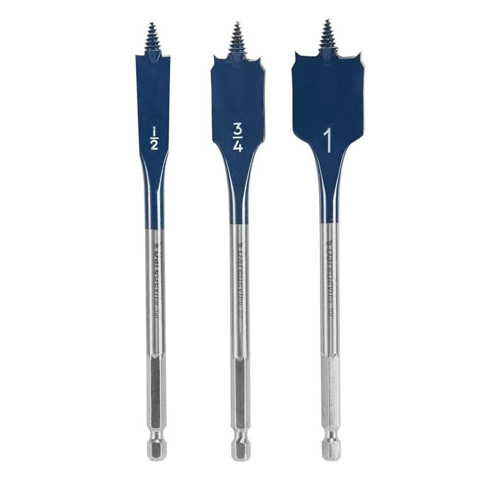Studio view of three blue Bosch Daredevil spade bits in 1/2 inch, 3/4 inch, and 1 inch sizes.