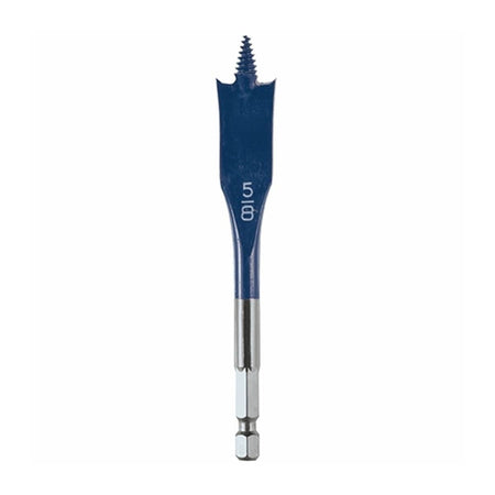 Bosch Daredevil™ Stubby Length Spade Bits. This is a close-up, eye-level shot of a blue and silver spade drill bit, standing upright against a plain white background. The bit has a flat, spade-shaped blue cutting head with a pointed, threaded tip and white markings that read "5/8", which connects to a smooth, silver-colored hexagonal shaft at the bottom.