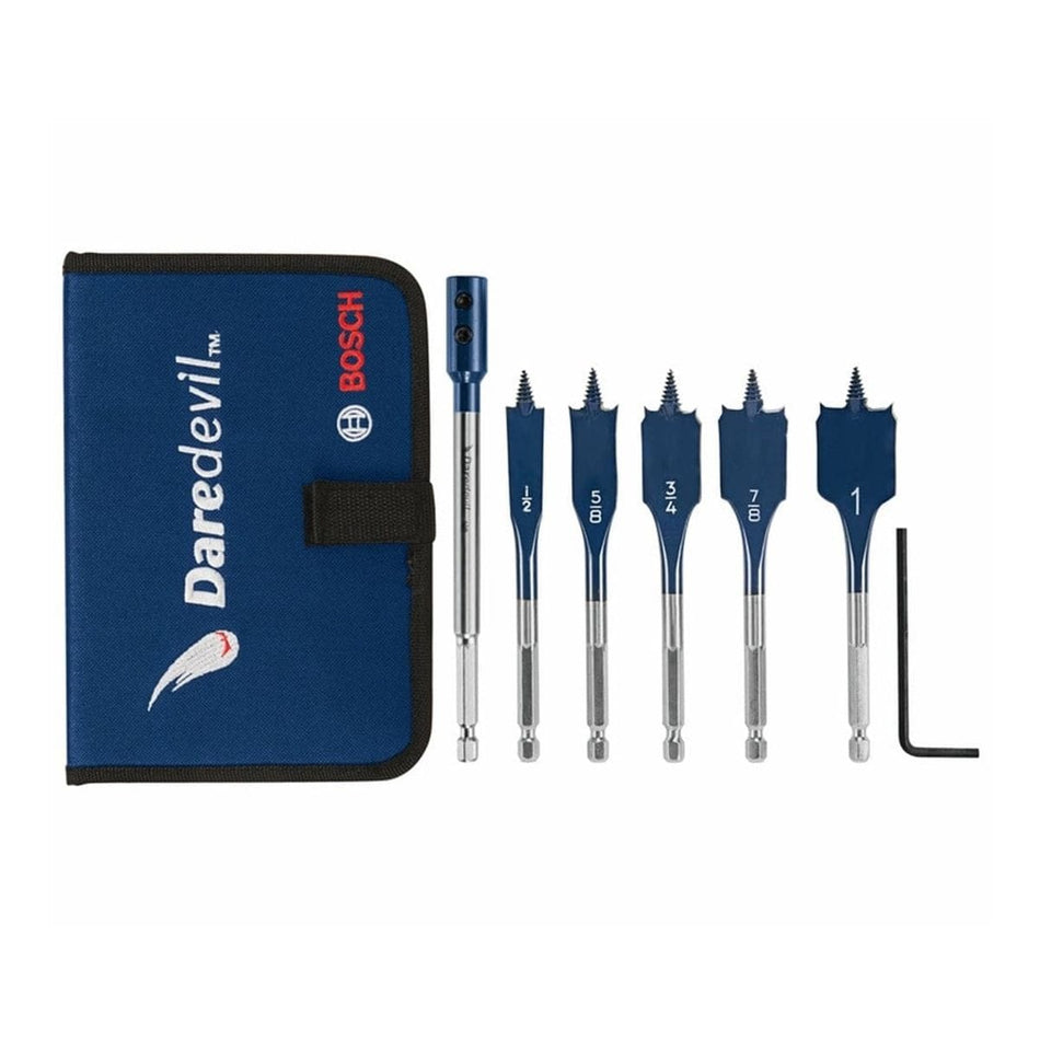 Studio shot of the Bosch Daredevil stubby spade bit set featuring five blue bits ranging from 1/2 to 1 inch, a silver extension bar, and a blue storage pouch.