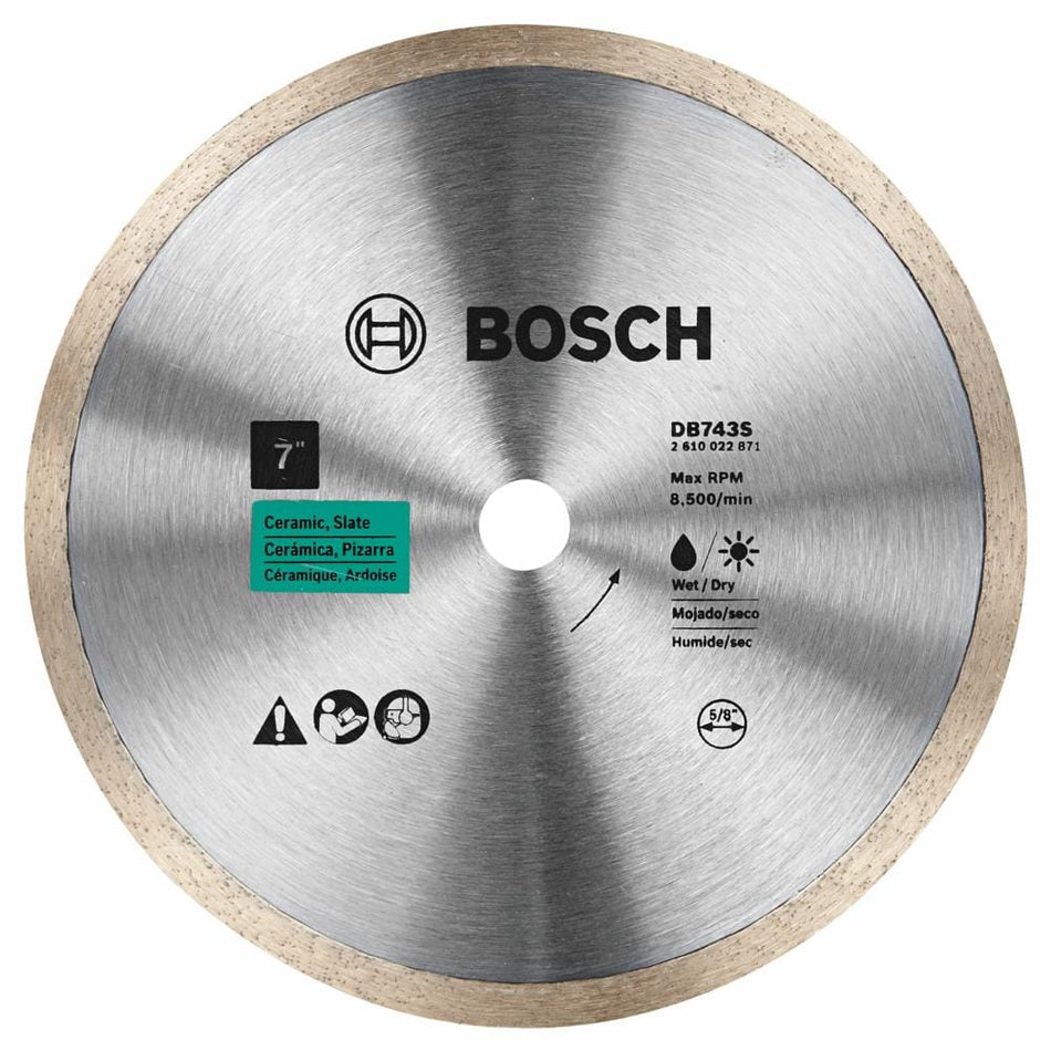 Bosch DB743S 7-inch continuous rim diamond blade engineered for chip-free wet and dry cutting in ceramic tile and slate.