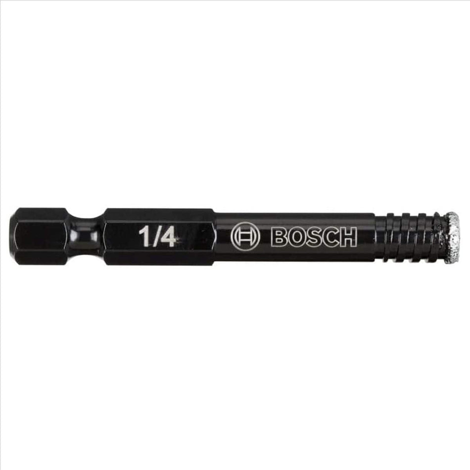 Studio view of the black 1/4 inch diamond hole saw bit featuring a hex shank and diamond grit tip.