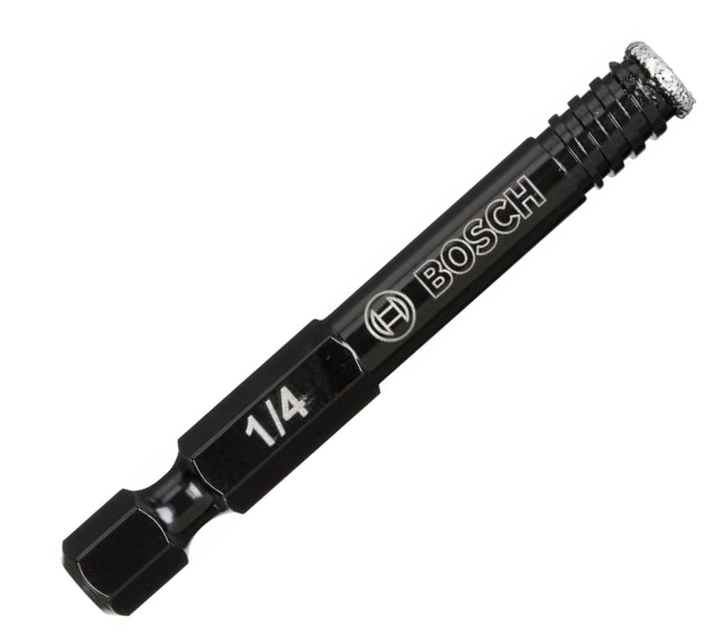 Angled view of the bit highlighting the Bosch branding and 1/4 inch size specification.
