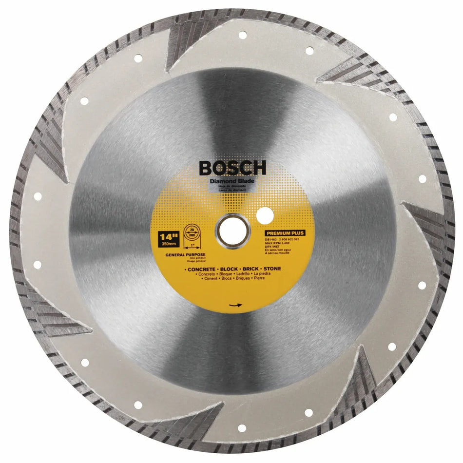 Bosch DB1463 14-inch turbo rim diamond blade with segmented edge and labeled specs for dry cutting stone, concrete, brick, and block materials.