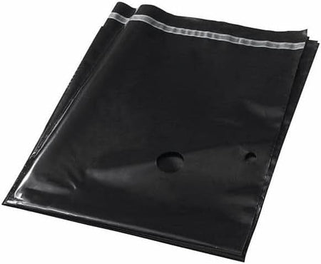 Studio view of the folded black plastic dust extraction bag designed for heavy duty cleanup.