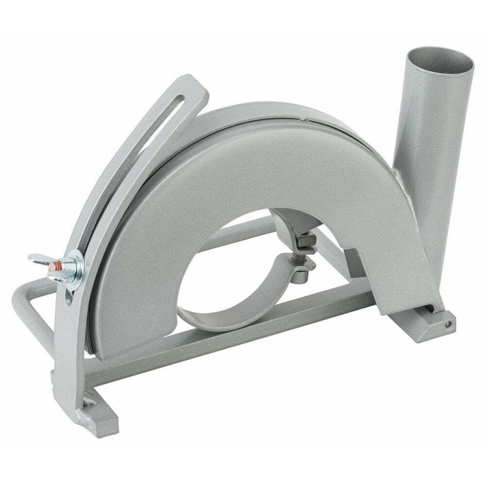The silver Bosch dust collection cutting guide for large angle grinders, showing the blade shroud, guide plate, and dust port.