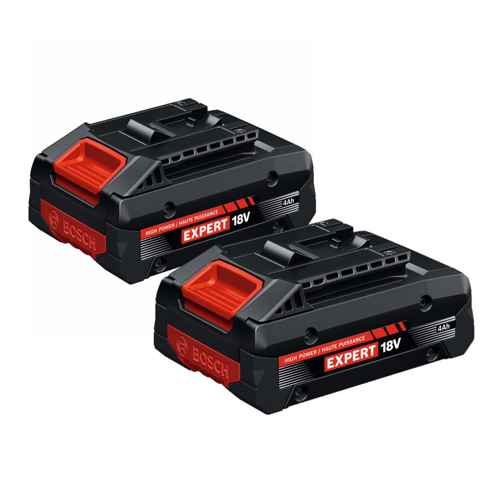 An isolated product studio three-quarter view of two identical Bosch EXBA18V-40 EXPERT 18V 4 Ah lithium-ion batteries stacked diagonally on a crisp white background, showcasing their rugged black industrial housings, distinct red release buttons, and prominent red and white product badging labels.