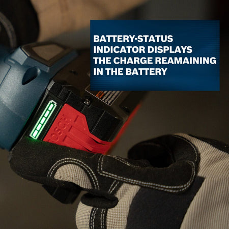 A close-up action view of a technician wearing a grey and black padded work glove holding a Bosch cordless power tool, highlighting a bright green five-bar LED battery-status indicator illuminated on the side of a connected red and black battery pack below a dark blue graphic text box.