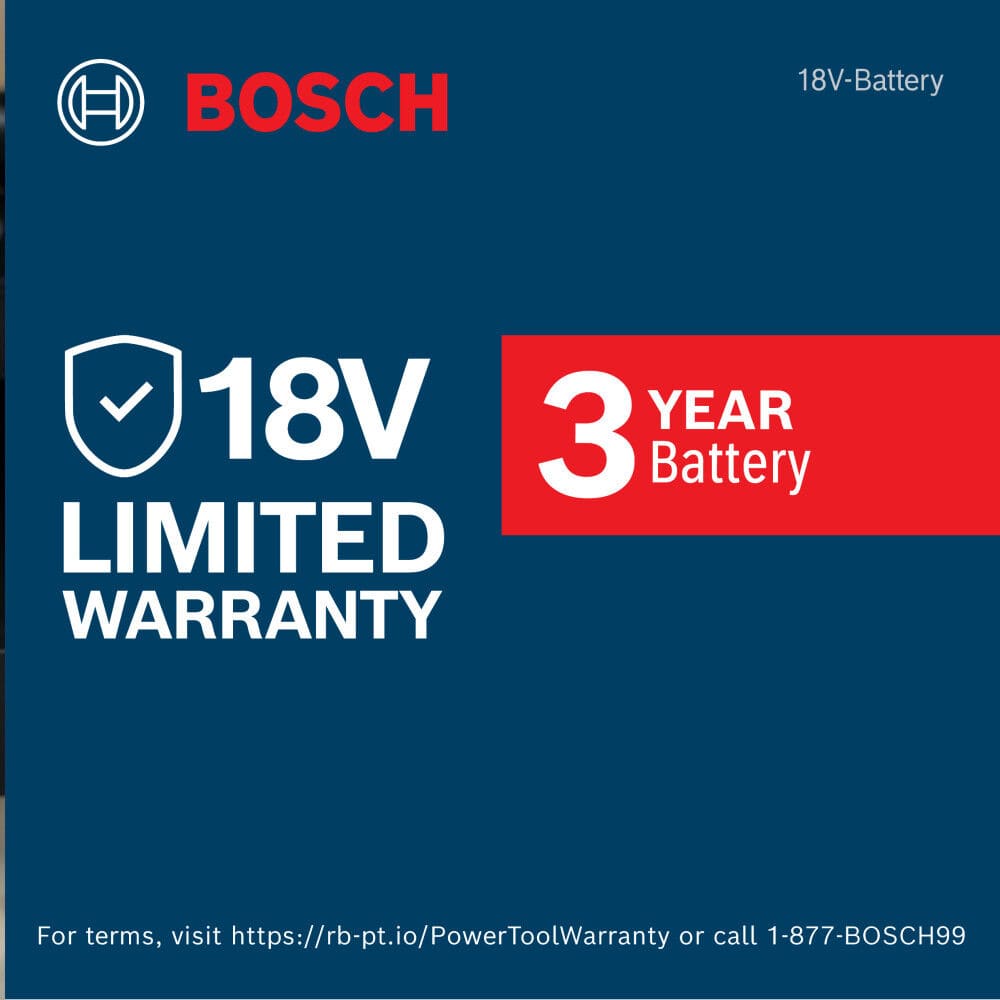 A promotional warranty badge graphic set against a blue background with white Bosch branding, displaying a white shield outline icon containing a checkmark next to white text reading 18V LIMITED WARRANTY, framed beside a solid red square block reading 3 YEAR Battery.