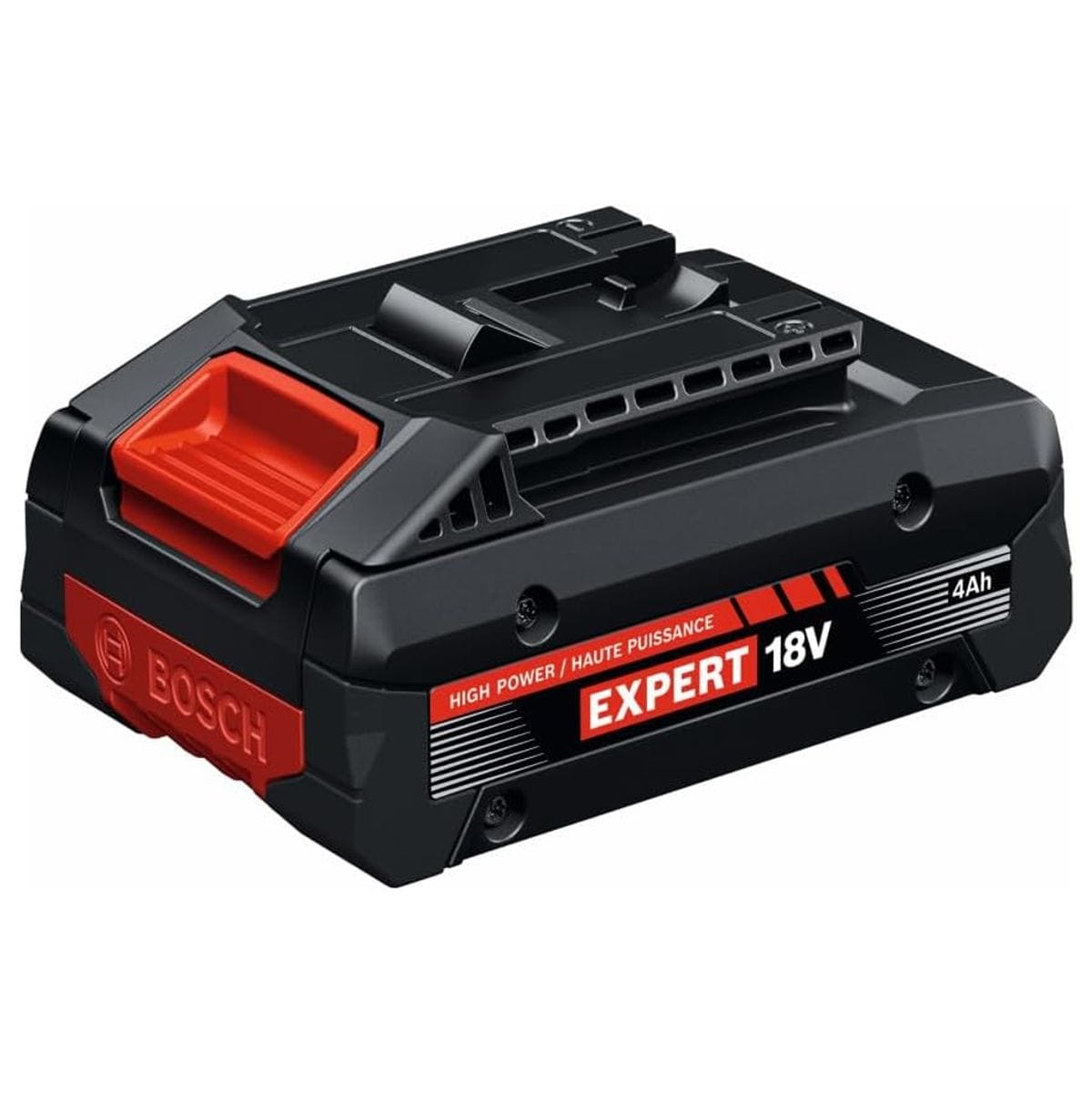 The Bosch EXBA18V-40 EXPERT 18V 4.0 Ah lithium-ion power tool battery pack is shown from a three-quarter studio angle against a clean white background, highlighting its black protective composite body, its red release button latch, and the striking red and white side branding decals.