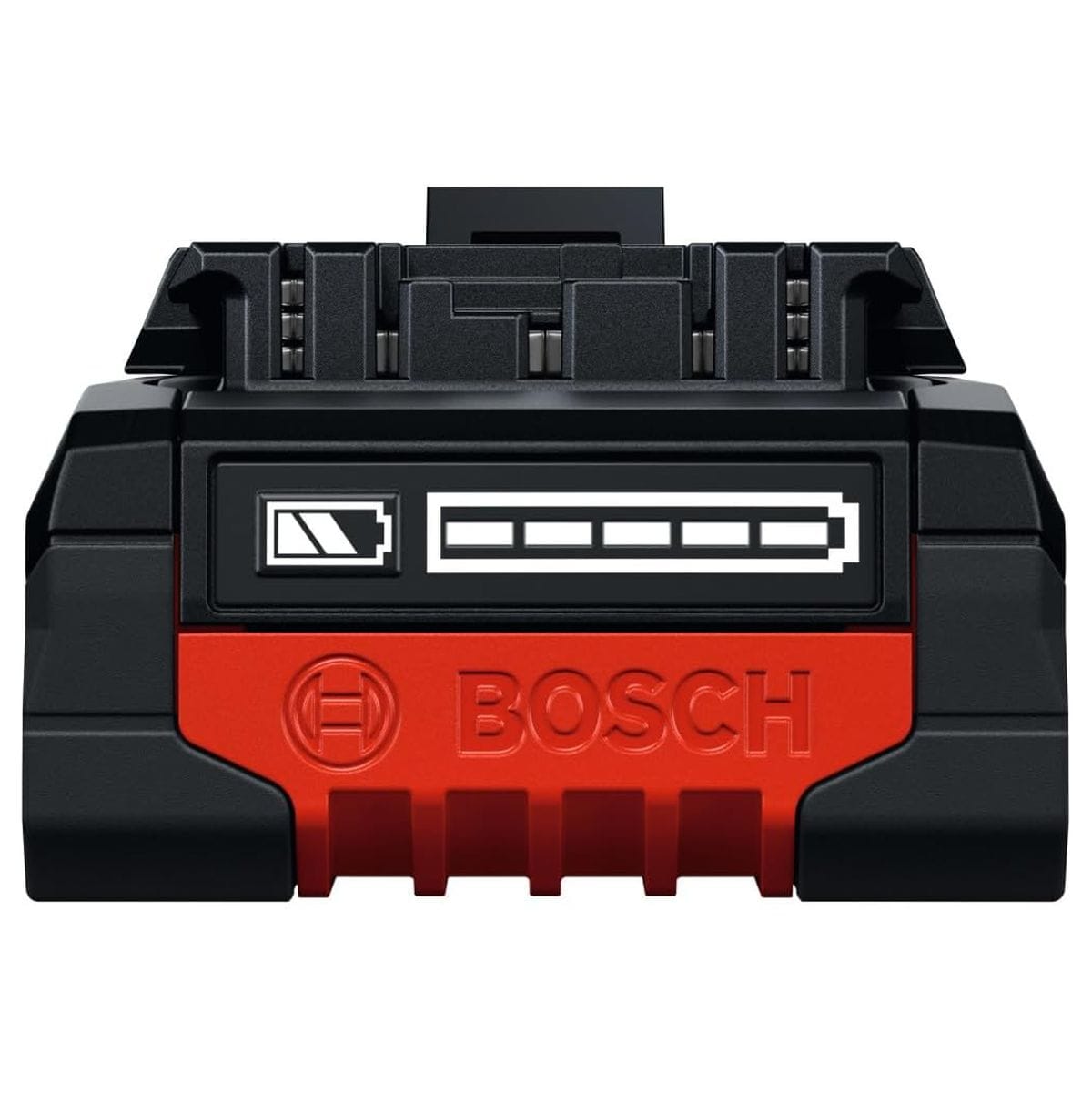 A direct front view of the Bosch 18V lithium-ion battery pack, focusing specifically on the black front panel layout that displays a crisp white digital battery graphic and an unlit multi-segment state-of-charge level gauge directly above the prominent red Bosch branding.