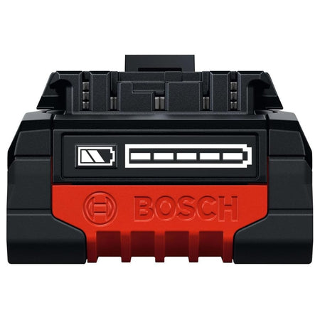 A direct front view of the Bosch 18V lithium-ion battery pack, focusing specifically on the black front panel layout that displays a crisp white digital battery graphic and an unlit multi-segment state-of-charge level gauge directly above the prominent red Bosch branding.