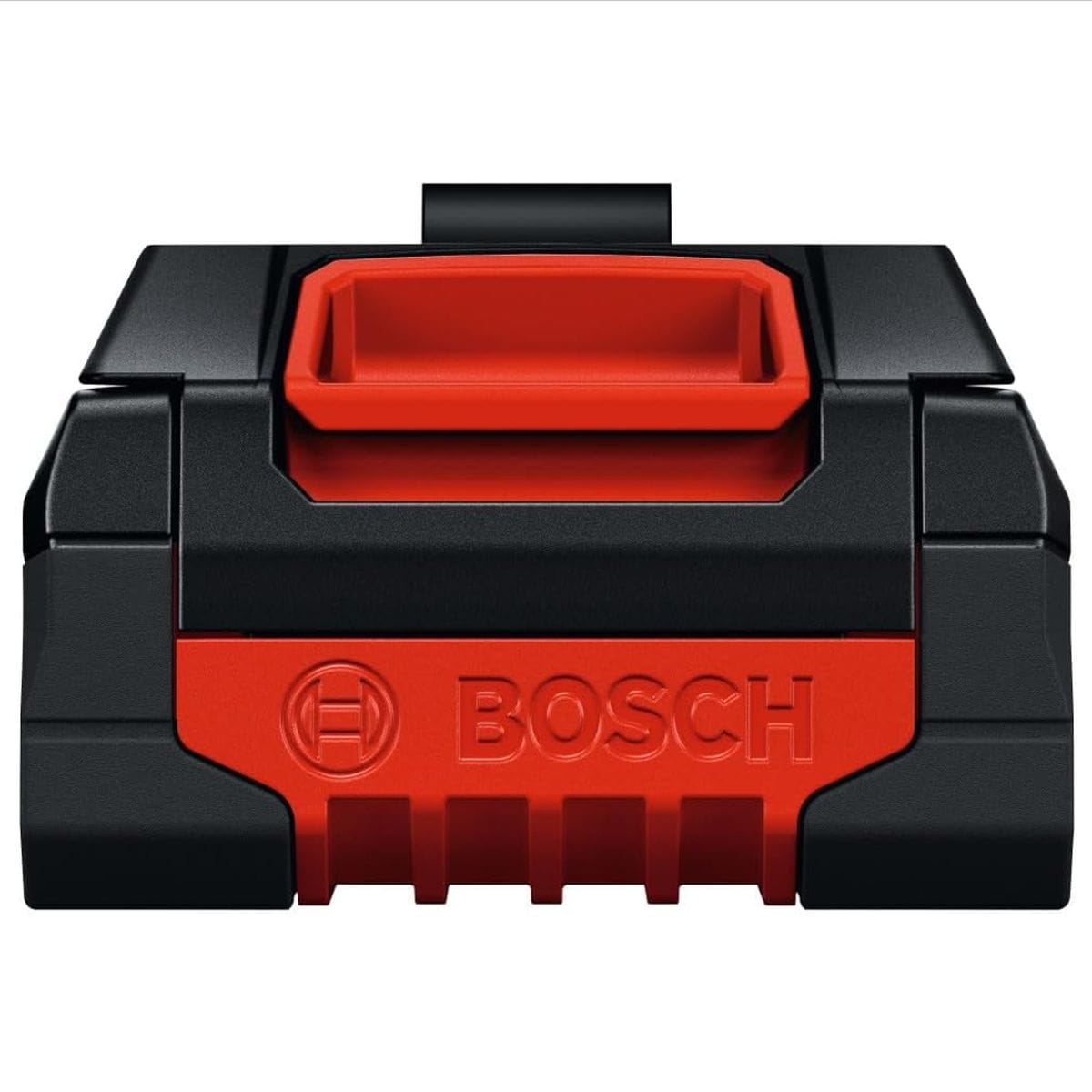 A close-up horizontal front perspective of the Bosch 4.0 Ah battery pack showing the detailed profile of the red mechanical locking mechanism latch and the molded vertical channel slots on the bottom of the black composite protective housing.