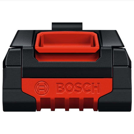 A close-up horizontal front perspective of the Bosch 4.0 Ah battery pack showing the detailed profile of the red mechanical locking mechanism latch and the molded vertical channel slots on the bottom of the black composite protective housing.