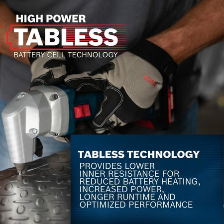 An industrial professional wearing textured safety gloves holds a cordless metal shearing power tool fitted with the Bosch EXPERT 18V battery pack. A dark blue product overlay graphic notes that tabless technology provides lower inner resistance for reduced battery heating, increased power, longer runtime, and optimized performance.