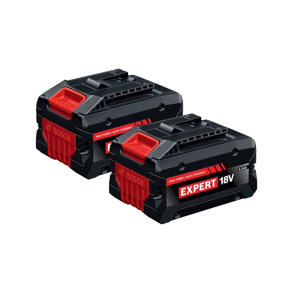 An isolated product studio three-quarter view of two identical Bosch EXBA18V-60 EXPERT 18V 6 Ah lithium-ion batteries stacked diagonally on a crisp white background, showcasing their rugged black industrial housings, distinct red release buttons, and prominent red and white product badging labels.