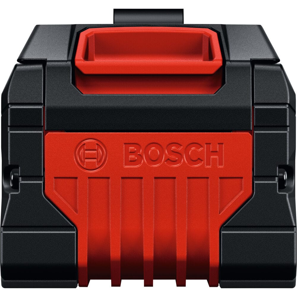 A straight rear-facing studio product perspective view of a Bosch EXPERT 18V battery assembly centered against a solid white background, showcasing a red overmolded locking release catch button embedded inside a heavy-duty black composite top lid matrix above a ribbed red polymer cooling base panel.