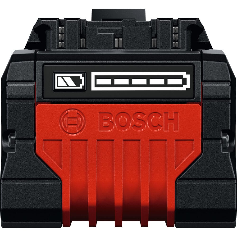 A close-up studio shot showing a straight front-on view of a Bosch EXPERT 18V battery pack housing profile against a clean white background, highlighting a prominent red textured front section stamped with the Bosch branding logo beneath a dark horizontal state-of-charge fuel gauge indicator icon display.