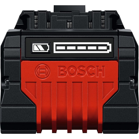 A close-up studio shot showing a straight front-on view of a Bosch EXPERT 18V battery pack housing profile against a clean white background, highlighting a prominent red textured front section stamped with the Bosch branding logo beneath a dark horizontal state-of-charge fuel gauge indicator icon display.