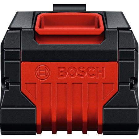 A straight rear-facing studio product perspective view of a Bosch EXPERT 18V battery assembly centered against a solid white background, showcasing a red overmolded locking release catch button embedded inside a heavy-duty black composite top lid matrix above a ribbed red polymer cooling base panel.
