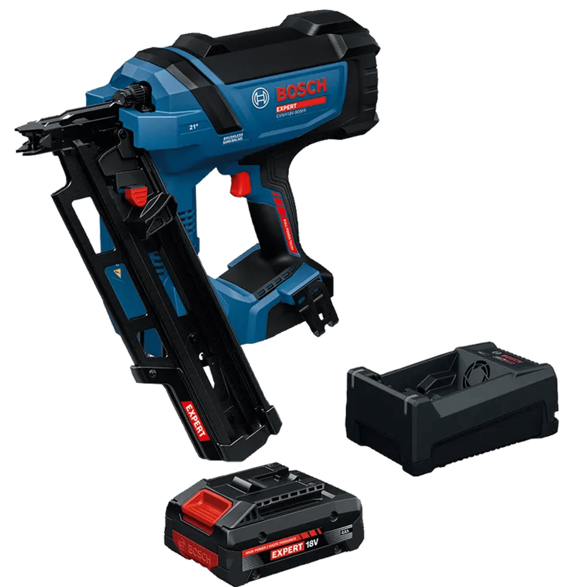 The Bosch EXNH18V-90MRB14 21 Degree Framing Nailer Kit is displayed as a complete set against a white background. This cordless structural wood fastening tool layout includes the 18V air-spring framing nailer, an EXPERT 18V 4.0 Ah high-power lithium-ion battery pack, and a multi-voltage fast battery charger base station.