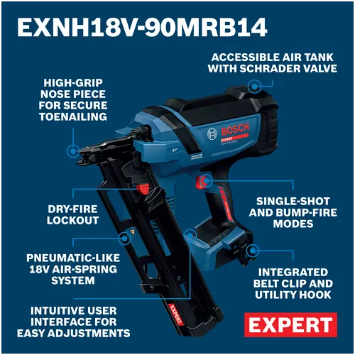 An infographic diagram showcasing the primary technical features of the Bosch cordless framing nailer over a dark blue backdrop. Connected indicator lines call out key components, including an accessible air tank with a Schrader valve, a high-grip nosepiece for secure toenailing, intuitive single-shot and bump-fire modes, dry-fire lockout, an engineering pneumatic-like 18V air-spring system, and an integrated belt clip and utility hook.