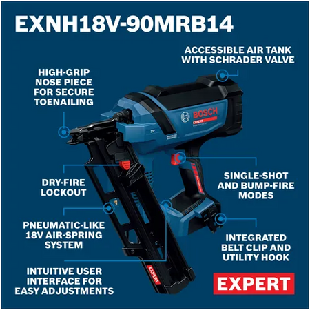 An infographic diagram showcasing the primary technical features of the Bosch cordless framing nailer over a dark blue backdrop. Connected indicator lines call out key components, including an accessible air tank with a Schrader valve, a high-grip nosepiece for secure toenailing, intuitive single-shot and bump-fire modes, dry-fire lockout, an engineering pneumatic-like 18V air-spring system, and an integrated belt clip and utility hook.