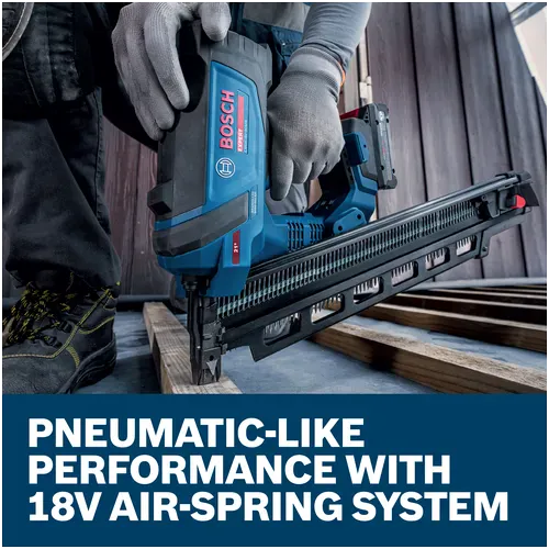 A construction contractor wearing protective work gloves operates the Bosch 18V cordless framing nailer to fasten structural wood timber joists on a house framing layout. Informational text highlights the pneumatic-like performance delivered by the integrated 18V air-spring system without requiring external compressors or gas fuel cartridges.