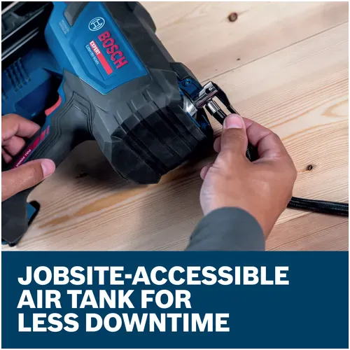 A close-up action view of a worker connecting a small high-pressure air pump nozzle onto the jobsite-accessible air tank Schrader valve positioned on the rear handle frame of the Bosch framing nailer. The overlay graphic text explains that this asset supports faster setup and minimizes structural fastening downtime with quick on-site refills.