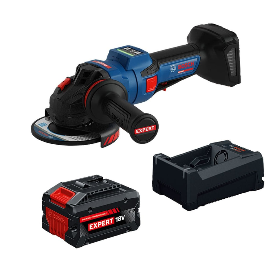 The Bosch EXPERT 18V Brushless 5 to 6 Inch Cordless Angle Grinder Kit EXWS18V-15PSB18X is shown cleanly against a white background. The professional power tool group includes the variable speed grinder with an auxiliary anti-vibration handle, an EXPERT 18V high-capacity lithium-ion battery, and an advanced rapid desktop battery charger.