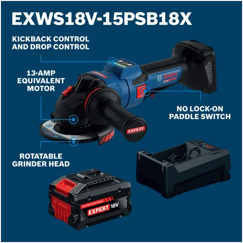 An infographic diagram showcasing the design properties of the Bosch EXWS18V-15PSB18X angle grinder kit over a solid dark blue background. Direct indicators feature key technical specifications, detailing its KickBack Control and drop control, a 13-amp equivalent motor, a rotatable grinder head, a digital user interface with variable speed settings, and a no lock-on paddle switch.