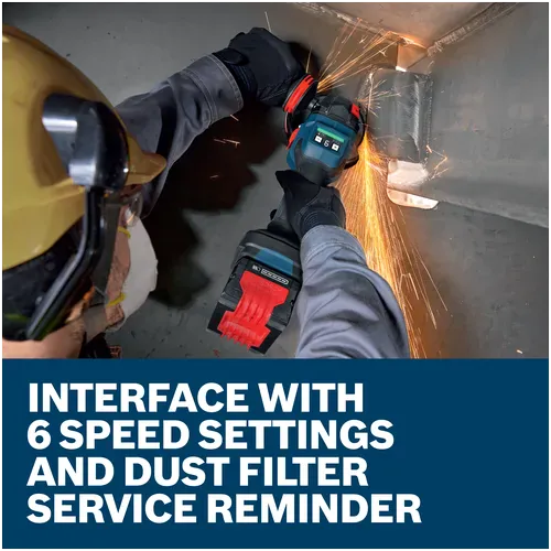 An overhead view of a metal fabricator wearing heavy protective gloves while utilizing the cordless variable speed angle grinder to flush out thick overhead weld seams. Bright orange trails of sparks escape from the grinding guard, accompanied by text emphasizing the digital user interface with 6 speed settings and a dust filter service reminder.