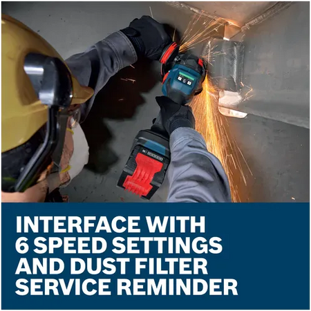 An overhead view of a metal fabricator wearing heavy protective gloves while utilizing the cordless variable speed angle grinder to flush out thick overhead weld seams. Bright orange trails of sparks escape from the grinding guard, accompanied by text emphasizing the digital user interface with 6 speed settings and a dust filter service reminder.