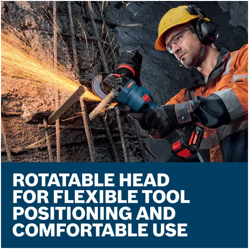 An industrial contractor wearing a yellow safety helmet, safety glasses, and ear protection cuts through steel rebar structural elements. The text overlay emphasizes the adaptability of the rotatable head for flexible tool positioning and comfortable use across complex fabrication tasks.